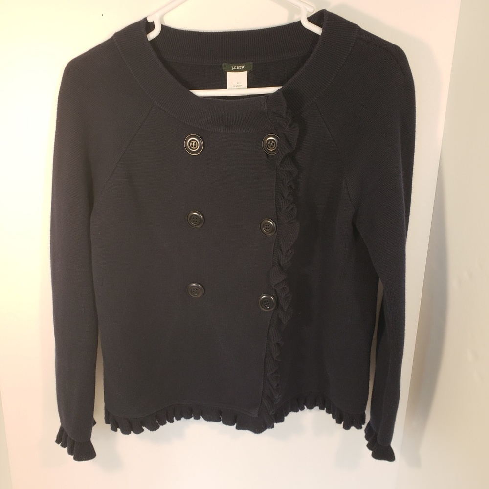 J. Crew Navy Ruffle Button Cardigan Small